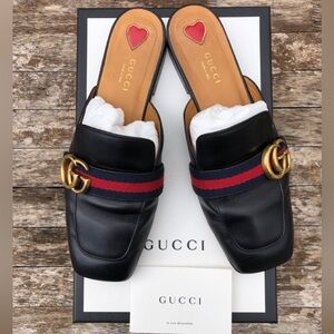 GG Gucci Slide 🖤 AUTHENTIC : FULL SET : Black Leather Slides : 38.5 Size
